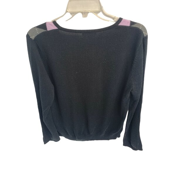 Apt 9 Womens Size Medium Vneck Argyle Sweater Black Purple Gray Long Sleeve Pull - Picture 2 of 3